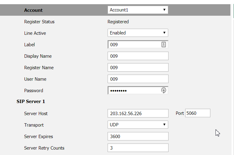 Thông tin một tài khoản SIP Account